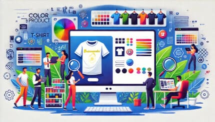 Interfață digitală pentru personalizarea produselor pe Buzunarelu, ilustrând un tricou personalizat cu opțiuni de design și culori.