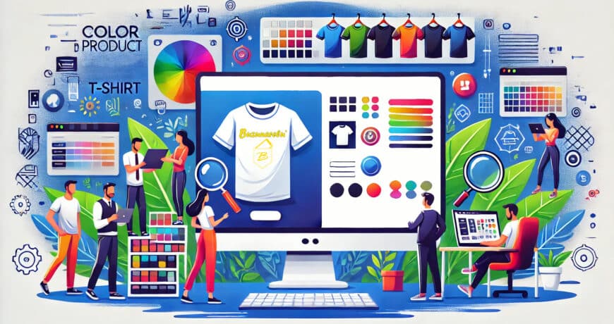 Interfață digitală pentru personalizarea produselor pe Buzunarelu, ilustrând un tricou personalizat cu opțiuni de design și culori.