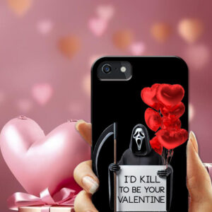 Husa de telefon cu Ghostface, fundal negru, baloane roșii și mesajul „I'd kill to be your Valentine”