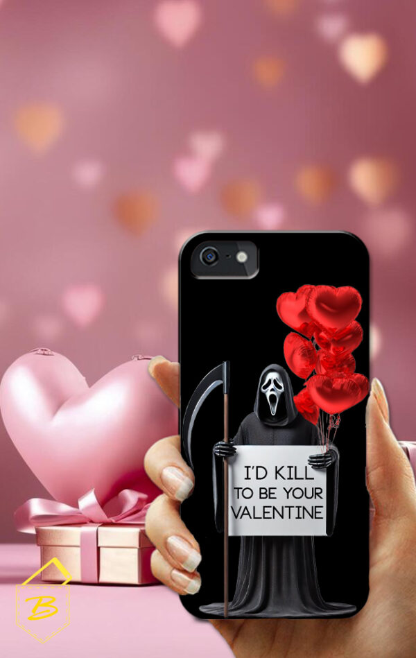 Husa de telefon cu Ghostface, fundal negru, baloane roșii și mesajul „I'd kill to be your Valentine”