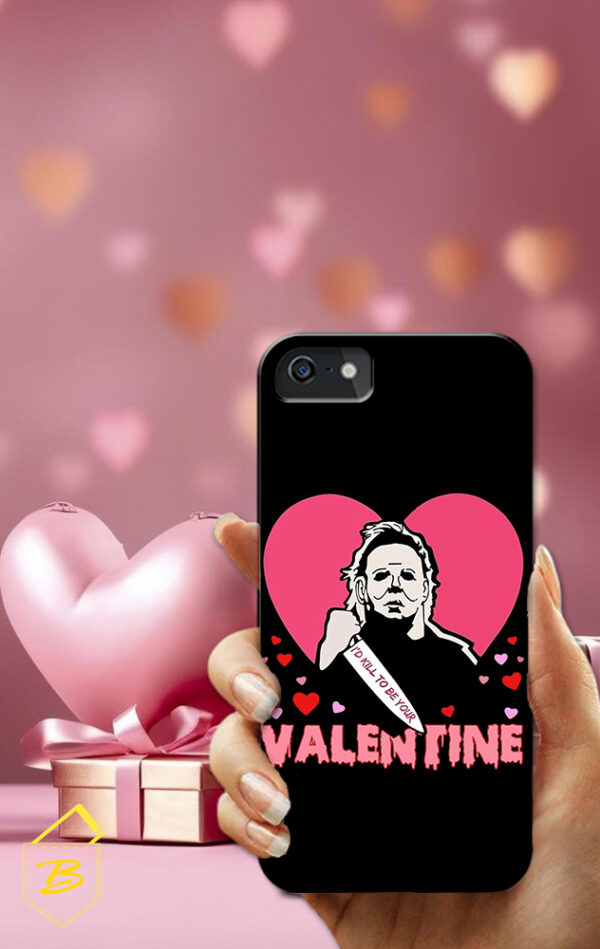 Husa de telefon neagră cu Michael Myers, inimă roșie și mesajul „I'd kill to be your Valentine”