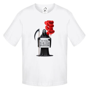 Tricou alb cu Ghostface, baloane roșii și mesajul „I'd kill to be your Valentine”