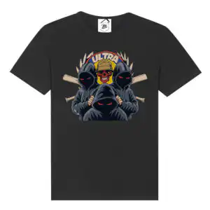 Tricou negru cu trei personaje în glugă, craniu zâmbitor cu pălărie și bâte de baseball
