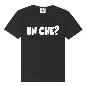 Tricou negru cu mesaj „Un che?” – replică de cuplu sau prietenie