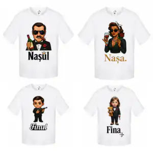 Set de tricouri albe personalizate cu personaje amuzante pentru Nașul, Nașa, Finul și Fina – ideale pentru nuntă, botez sau cununie civilă
