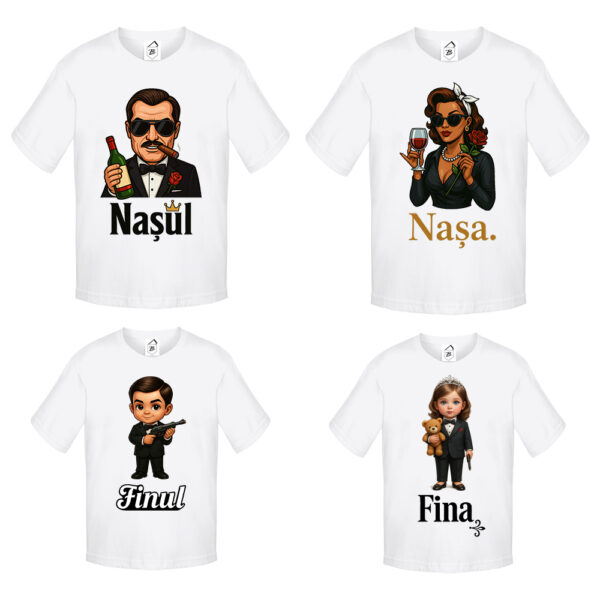 Set de tricouri albe personalizate cu personaje amuzante pentru Nașul, Nașa, Finul și Fina – ideale pentru nuntă, botez sau cununie civilă