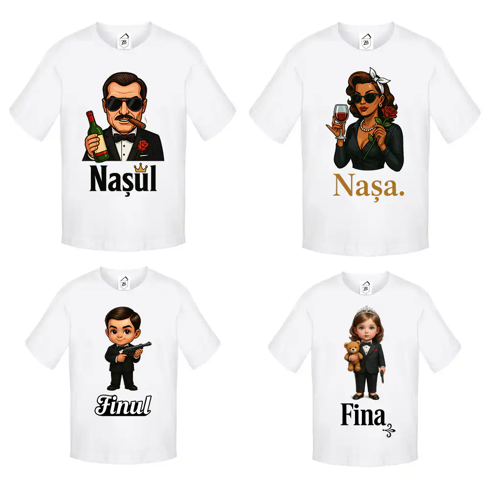 Set de tricouri albe personalizate cu personaje amuzante pentru Nașul, Nașa, Finul și Fina – ideale pentru nuntă, botez sau cununie civilă