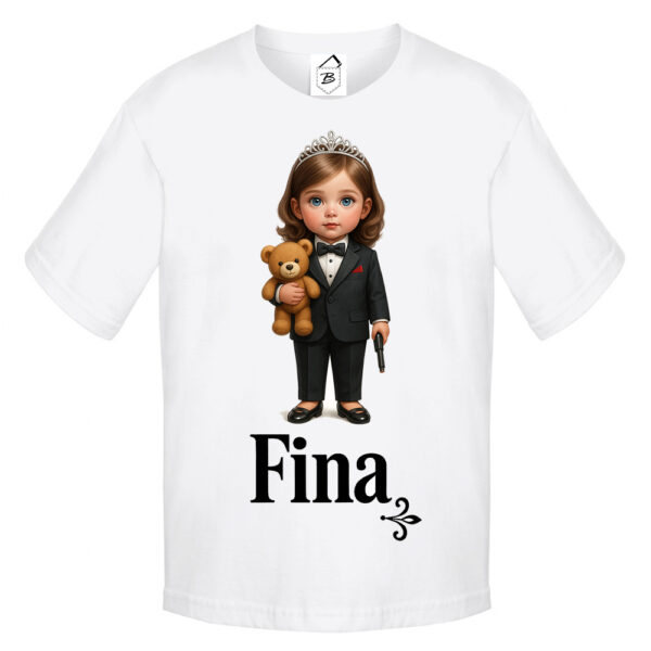 Tricou alb personalizat cu Fina, fetiță elegantă cu ursuleț și coroană, perfect pentru botez sau nuntă