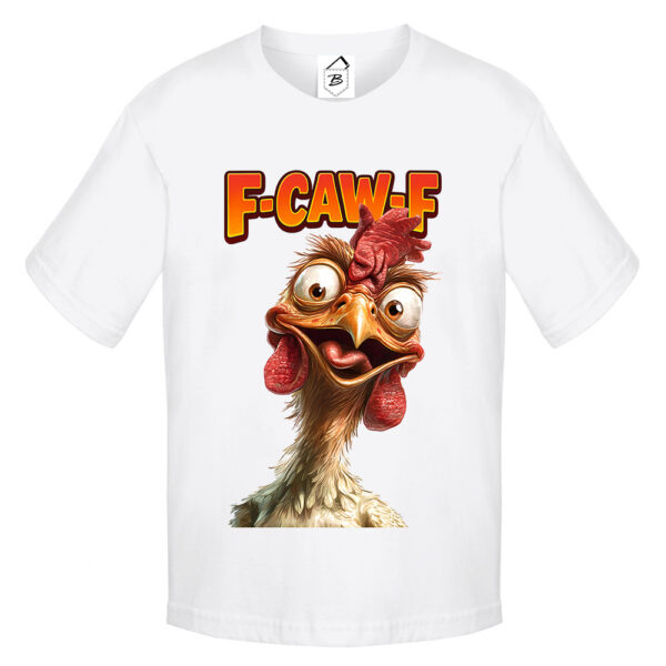 Tricou alb cu design comic - găină haioasă și mesaj „F-CAW-F”