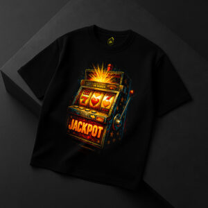 Tricou negru cu design vibrant de păcănele slot machine și mesajul „Jackpot”