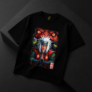 Tricou negru cu Jiraiya din Naruto și broaștele invocate - design colorat în stil anime