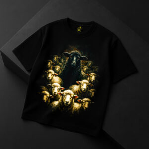 Tricou negru cu print artistic reprezentând o oaie neagră în mijlocul unei turme de oi albe