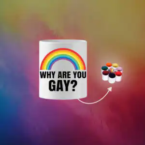 Cană personalizată cu text „Why Are You Gay?” și design cu curcubeu, cană amuzantă pentru cadou sau utilizare zilnică.