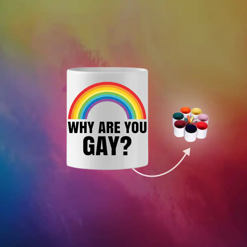 Cană personalizată cu text „Why Are You Gay?” și design cu curcubeu, cană amuzantă pentru cadou sau utilizare zilnică.