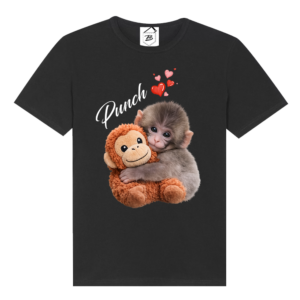 Tricou negru cu print maimuță bebe care îmbrățișează un pluș și text Punch, design drăguț cu inimioare.
