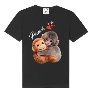 Tricou negru cu print maimuță bebe care îmbrățișează un pluș și text Punch, design drăguț cu inimioare.