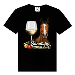 Tricou negru cu imprimeu Sănătate, numai bile, cal, pahar și bile de biliard