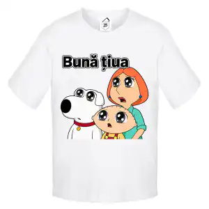 Tricou alb amuzant cu mesaj Bună țiua și personaje cartoon
