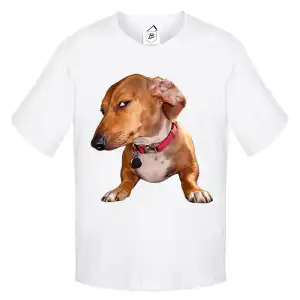 Tricou alb funny cu cățel suspicios și expresie amuzantă