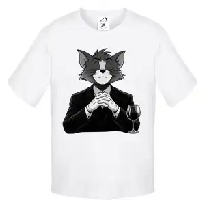 Tricou alb funny Domnul Motan cu costum elegant și pahar de vin