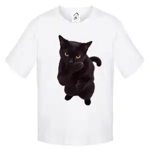 Tricou alb funny cu pisică neagră șmecheră și expresie amuzantă