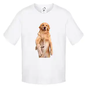 Tricou alb funny cu golden retriever care întinde laba pentru salut